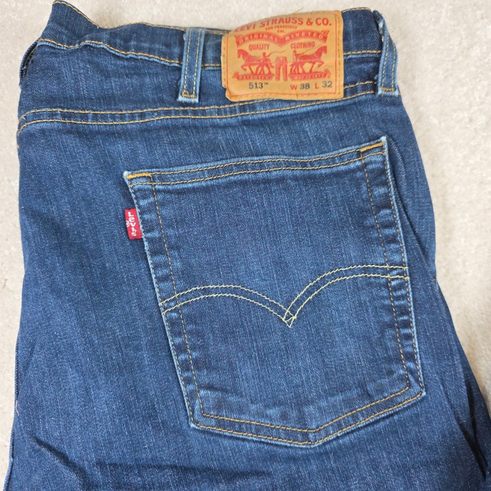 Levis 513 Slim Straight Jeans Mens 38x32 Dark Wash Indigo Denim Red‎ Tab